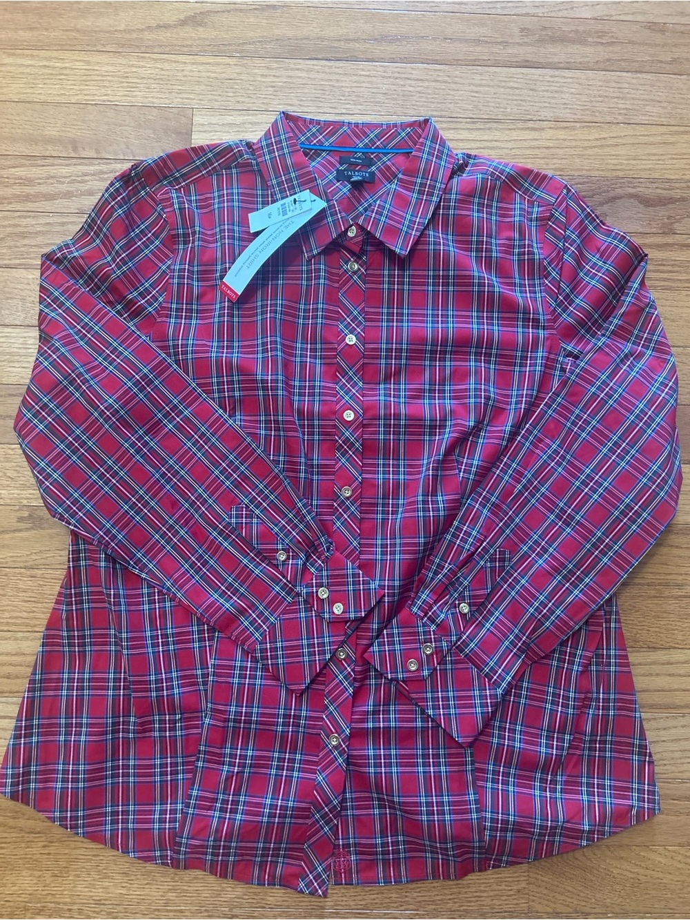 Talbots button up Shirt size 16 Petite Red plaid gold buttons Christmas NWT